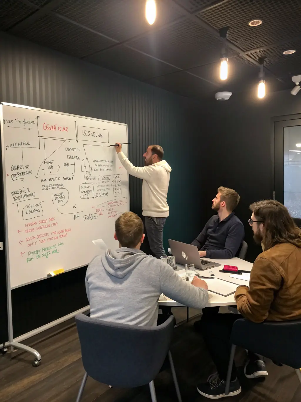 A coach is presenting growth hacking techniques to a group of entrepreneurs, using a whiteboard to illustrate innovative marketing strategies and tactics.