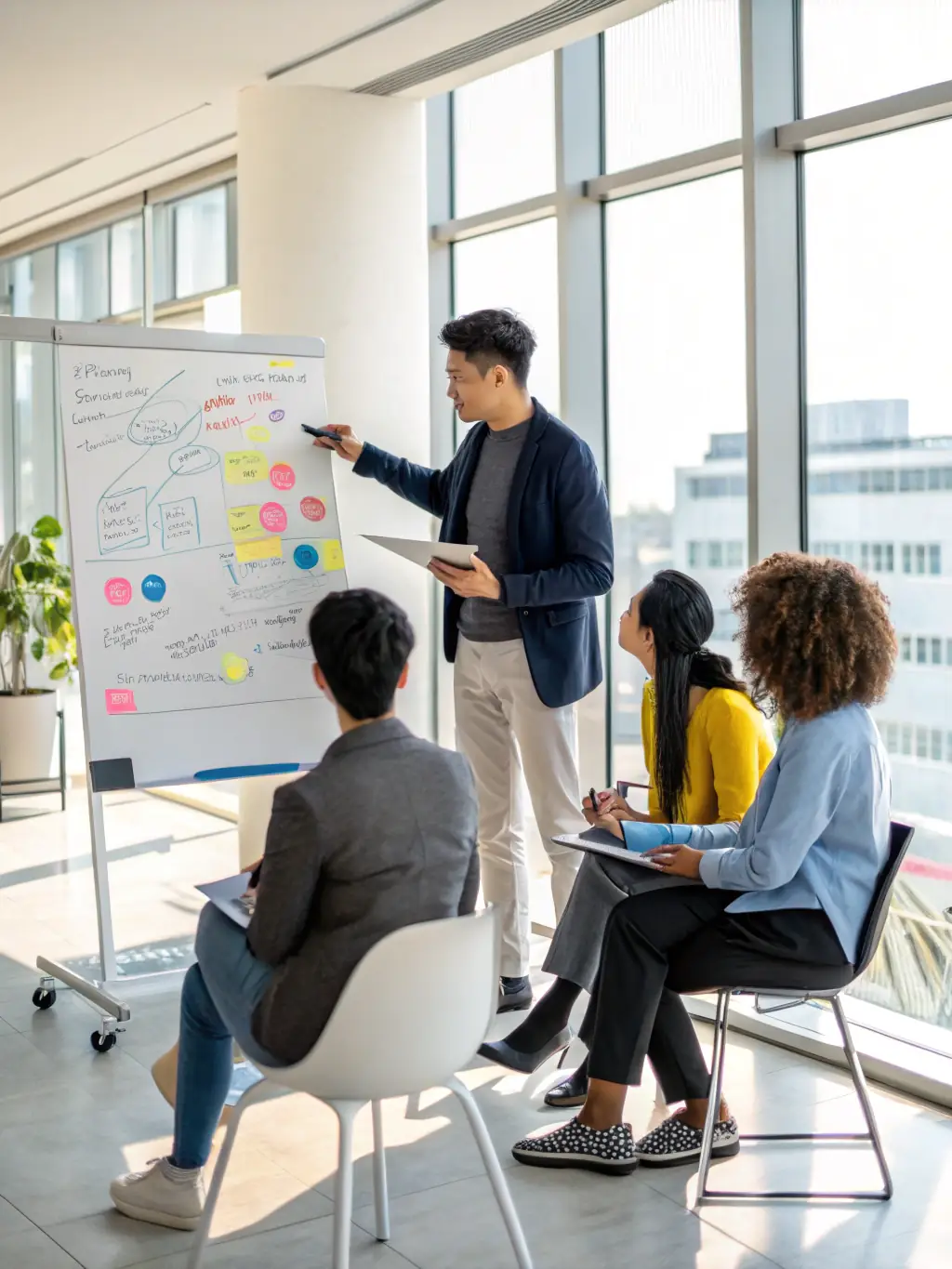 A coach is guiding a startup team through a brainstorming session, using sticky notes on a glass wall to map out their business strategy in a modern, collaborative workspace.