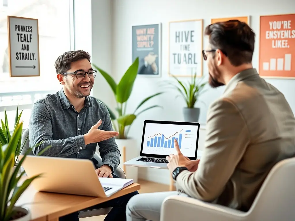 An image depicting a coach guiding an entrepreneur through a strategic planning session, with visual aids like charts and graphs in the background, set in a modern office environment.