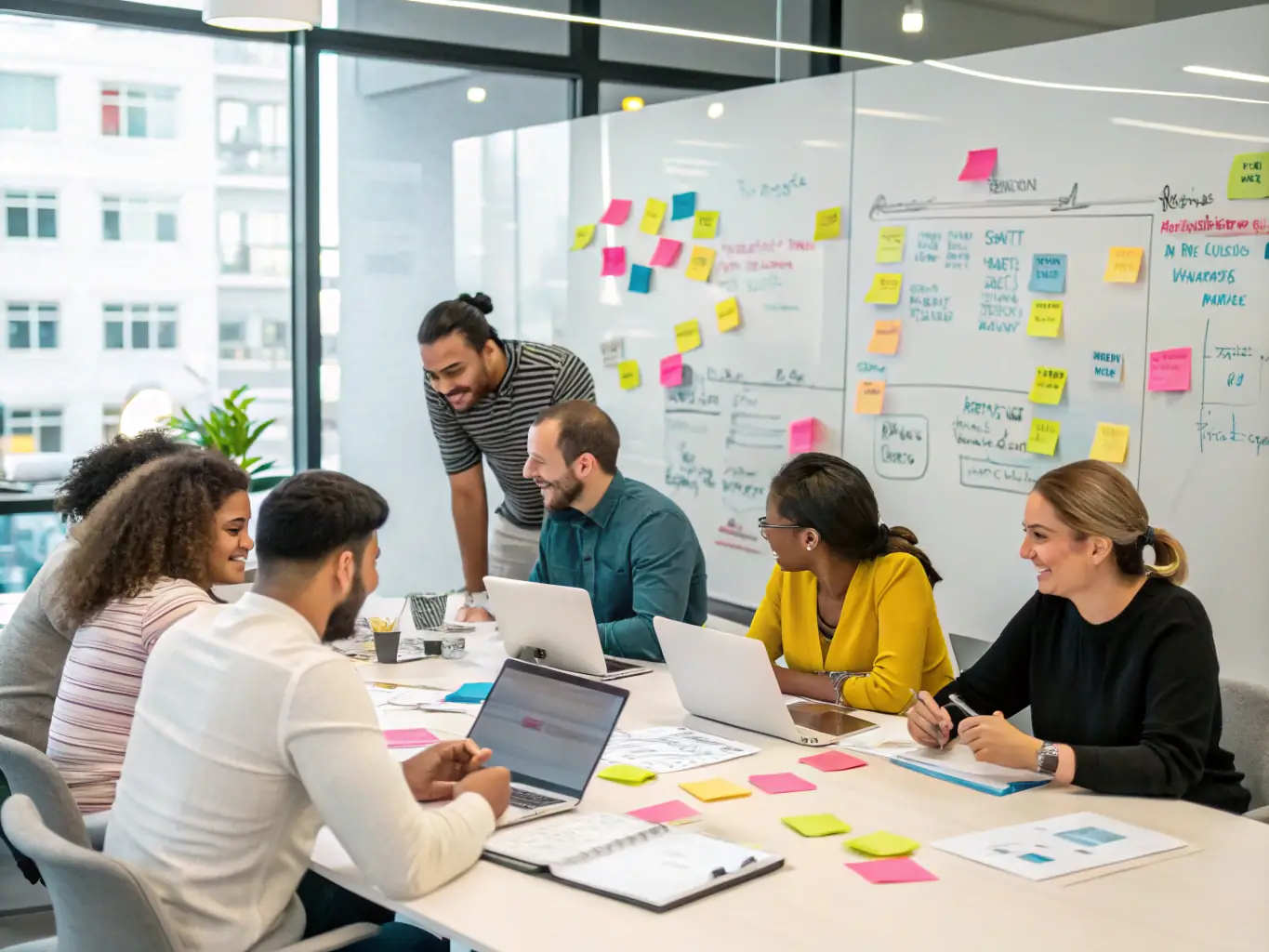 An image showing a diverse team of entrepreneurs brainstorming ideas in a collaborative workspace, with laptops and coffee cups scattered around.
